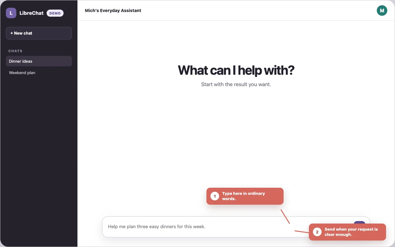 Annotated LibreChat screen showing where to type and send a first question.