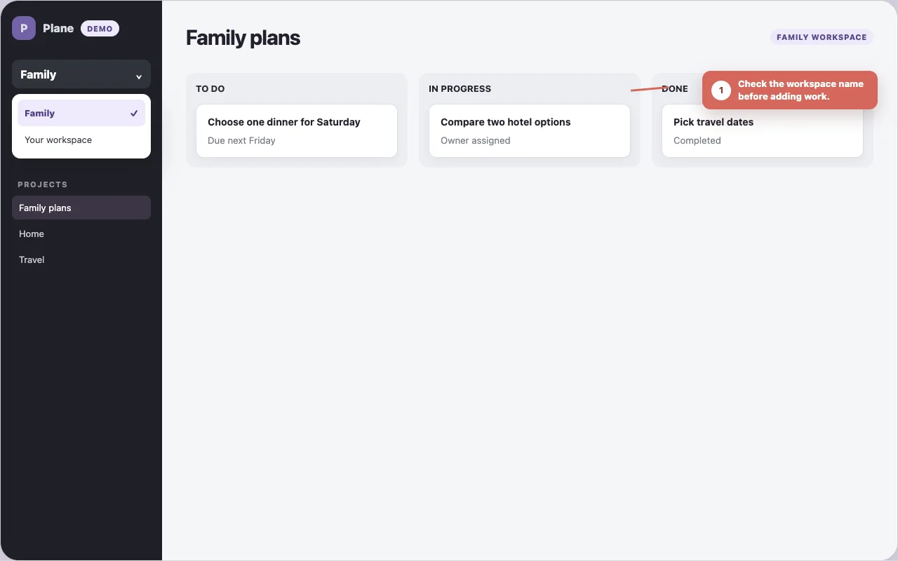 Annotated Plane workspace switcher showing separate Family and private workspaces.