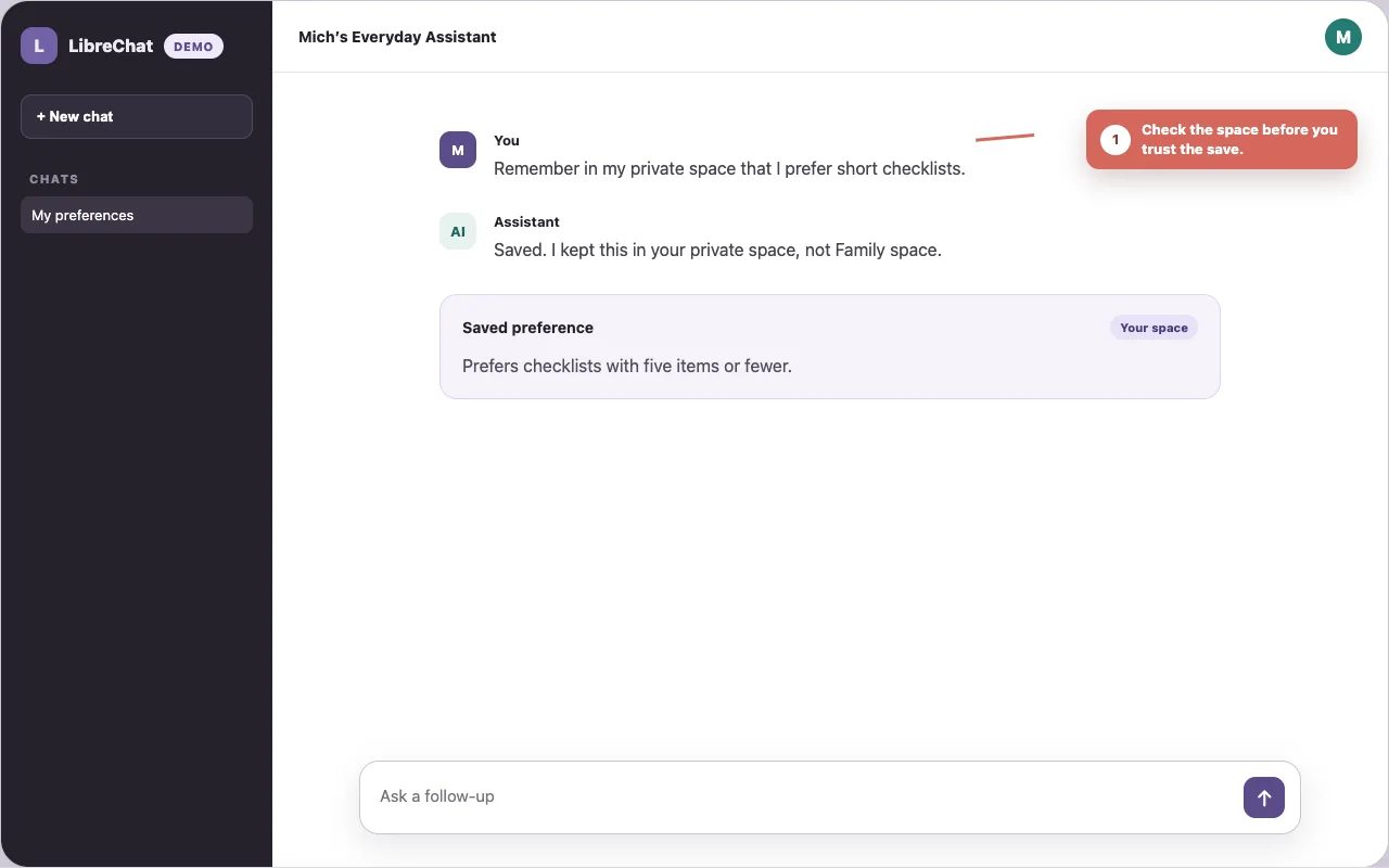 Annotated chat showing a preference saved to the user's private knowledge space.